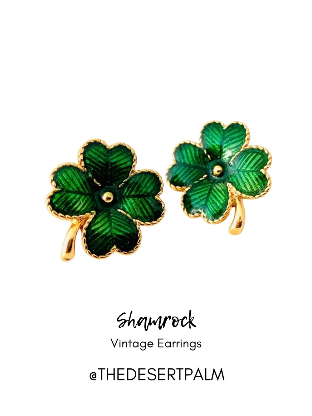 Vintage Green Shamrock Earrings Gold Tone Clover St. Patrick’s Jewelry